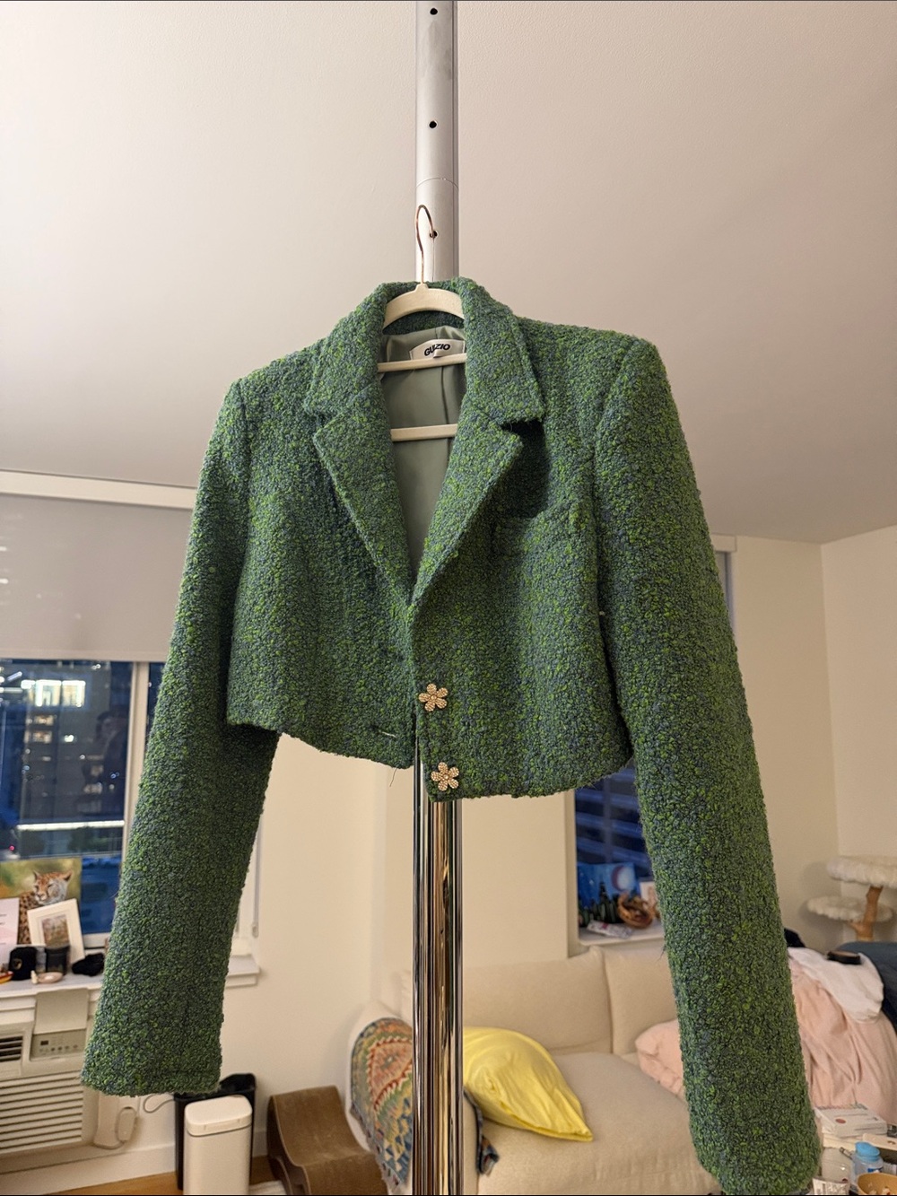 Danielle Guizio Green Cropped Bouclé Blazer with Floral Buttons